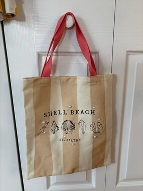 Anthropologie Shell Beach St. Barths Striped Tote with Pink Handles NWT
